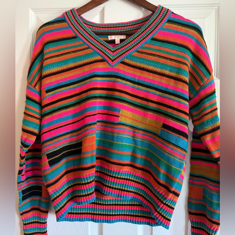 Lisa Todd Vibrant Multicolor Striped V‑Neck Sweater NWOT